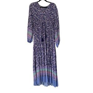 Few Moda Maxi Dress Women L Blue Paisley Floral Long Sleeve Boho Cottage Peasant